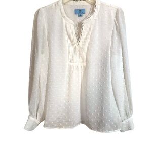 CeCe White Textured Clip Dot Long Sleeve Split Neck Blouse Sz M $79